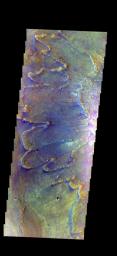 The THEMIS camera contains 5 filters. The data from different filters can be combined in multiple ways to create a false color image. This image from NASA's 2001 Mars Odyssey spacecraft shows part of the ejecta from Yuty Crater.