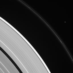 Pandora, seen here by NASA's Cassini spacecraft, in isolation beside Saturn's kinked and constantly changing F ring.
