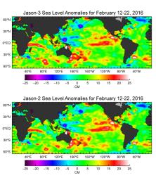 The U.S./European Jason-3 satellite has produced its first map of sea surface height. El Nino is visible as the red blob in the eastern equatorial Pacific.