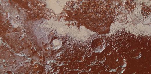 This enhanced color view from NASA's New Horizons is of Pluto's surface diversity At lower right, ancient, heavily cratered terrain is coated with dark, reddish tholins. At upper right, volatile ices fill the informally named Sputnik Planum.