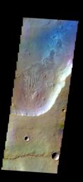 The THEMIS camera contains 5 filters. The data from different filters can be combined in multiple ways to create a false color image. This image from NASA's 2001 Mars Odyssey spacecraft shows part of Peraea Cavus.