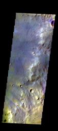 The THEMIS camera contains 5 filters. The data from different filters can be combined in multiple ways to create a false color image. This image from NASA's 2001 Mars Odyssey spacecraft shows part of the plains of Arabia Terra.