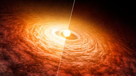 This artist's concept, based on data from NASA's Spitzer Space Telescope, illustrates how the brightness of outbursting
star FU Orionis has been slowly fading since its initial flare-up in 1936.