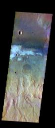 The THEMIS camera contains 5 filters. The data from different filters can be combined in multiple ways to create a false color image. This image from NASA's 2001 Mars Odyssey spacecraft shows part of the plains of Terra Sirenum.