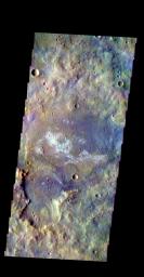 The THEMIS camera contains 5 filters. The data from different filters can be combined in multiple ways to create a false color image. This image from NASA's 2001 Mars Odyssey spacecraft shows some of the plains of Terra Cimmeria.