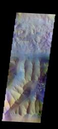 The THEMIS camera contains 5 filters. The data from different filters can be combined in multiple ways to create a false color image. This image from NASA's 2001 Mars Odyssey spacecraft shows part of Ius Chasma.