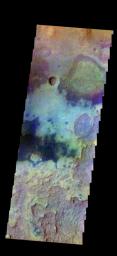 The THEMIS camera contains 5 filters. The data from different filters can be combined in multiple ways to create a false color image. This image from NASA's 2001 Mars Odyssey spacecraft shows plains northwest of Argyre Plainitia.