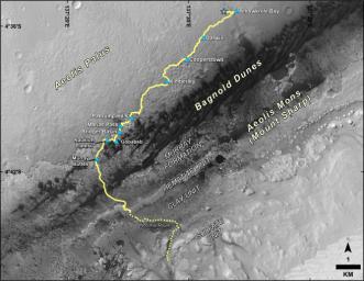 This map shows the route driven by NASA's Curiosity Mars rover from the location where it landed in August 2012 to its location in September 2016 at 'Murray Buttes', and the path planned for reaching destination at lower Mount Sharp.