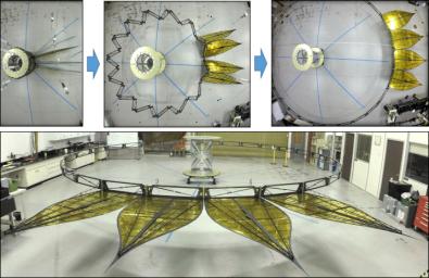 This image shows the deployment of a half-scale starshade with four petals at NASA's JPL in 2014. The flower-like petals of the starshade are designed to diffract bright starlight away from telescopes seeking the dim light of exoplanets.