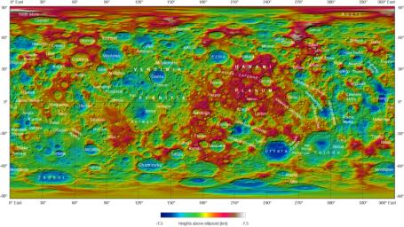 This topographical map of Ceres, made with images from NASA's Dawn spacecraft, shows all of the dwarf planet's named features as of September 2016. Dawn celebrated nine years since launch on September 27, 2016.