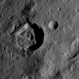 This view from NASA's Dawn spacecraft shows terrain on Ceres centered at approximately 34 degrees south latitude, 266 degrees east longitude -- between the large basins named Urvara and Yalode.