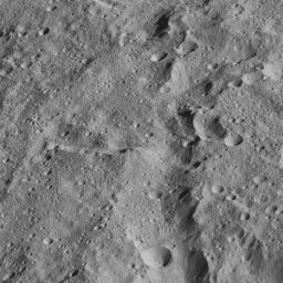 This image from NASA's Dawn spacecraft taken on June 13, 2016, shows terrain at the equator of Ceres. The image is centered at 0 degrees latitude, 291 degrees east longitude.