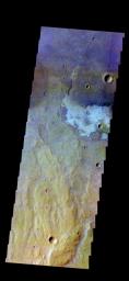 The THEMIS camera contains 5 filters. The data from different filters can be combined in multiple ways to create a false color image. This image from NASA's 2001 Mars Odyssey spacecraft shows part of the plains of Terra Sirenum.