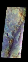 The THEMIS camera contains 5 filters. The data from different filters can be combined in multiple ways to create a false color image. This image from NASA's 2001 Mars Odyssey spacecraft shows part of Nili Fossae.