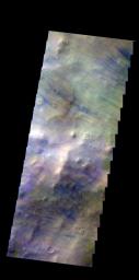 The THEMIS camera contains 5 filters. The data from different filters can be combined in multiple ways to create a false color image. This image from NASA's 2001 Mars Odyssey spacecraft shows dust devil tracks in Terra Cimmeria.