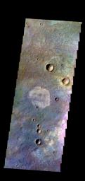 The THEMIS camera contains 5 filters. The data from different filters can be combined in multiple ways to create a false color image. This image from NASA's 2001 Mars Odyssey spacecraft shows part of the plains in Terra Sabaea.