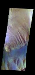 The THEMIS camera contains 5 filters. The data from different filters can be combined in multiple ways to create a false color image. This image from NASA's 2001 Mars Odyssey spacecraft shows part of Ophir Chasma.