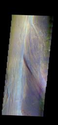 The THEMIS camera contains 5 filters. The data from different filters can be combined in multiple ways to create a false color image. This image from NASA's 2001 Mars Odyssey spacecraft shows part of Lobo Vallis, which is part of the larger Kasei Valles.