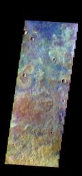 The THEMIS camera contains 5 filters. The data from different filters can be combined in multiple ways to create a false color image. This image from NASA's 2001 Mars Odyssey spacecraft shows part of the plains of Tyrrhena Terra.