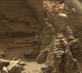This view from the Mast Camera (Mastcam) in NASA's Curiosity Mars rover shows an outcrop with finely layered rocks within the 'Murray Buttes' region on lower Mount Sharp.