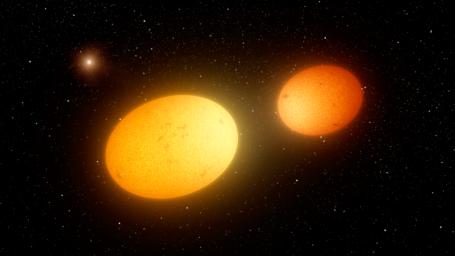 This artist's concept depicts 'heartbeat stars,' which have been detected by NASA's Kepler Space Telescope. Two heartbeat stars are seen swerving close to one another in their closest approach along their highly elongated orbits around one another.