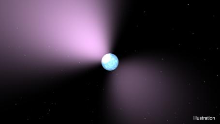 This artist's concept shows a pulsar, which is like a lighthouse, as its light appears in regular pulses as it rotates. Pulsars are dense remnants of exploded stars, and are part of a class of objects called neutron stars.