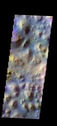 The THEMIS camera contains 5 filters. The data from different filters can be combined in multiple ways to create a false color image. This image from NASA's 2001 Mars Odyssey spacecraft shows part of Iani Chaos.