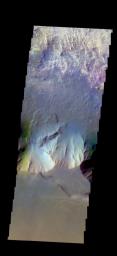 The THEMIS camera contains 5 filters. The data from different filters can be combined in multiple ways to create a false color image. This image from NASA's 2001 Mars Odyssey spacecraft shows part of Candor Chasma.