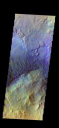 The THEMIS camera contains 5 filters. The data from different filters can be combined in multiple ways to create a false color image. This image from NASA's 2001 Mars Odyssey spacecraft shows dunes on the floor of an unnamed crater in Terra Sabaea.