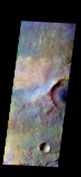 The THEMIS camera contains 5 filters. The data from different filters can be combined in multiple ways to create a false color image. This image from NASA's 2001 Mars Odyssey spacecraft shows part of Syrtis Major Planum.