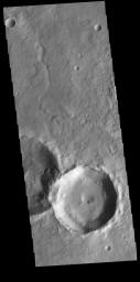 This image captured by NASA's 2001 Mars Odyssey spacecraft is located in Noachis Terra. The unnamed crater at the bottom of the image contains a central pit.