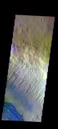 The THEMIS camera contains 5 filters. The data from different filters can be combined in multiple ways to create a false color image. This image from NASA's 2001 Mars Odyssey spacecraft shows part of Danielson Crater.