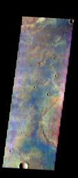 The THEMIS camera contains 5 filters. The data from different filters can be combined in multiple ways to create a false color image. This image from NASA's 2001 Mars Odyssey spacecraft shows part of the plains of Terra Sabaea.