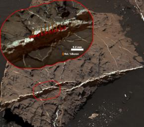 This two-part illustration shows the context of the erosion-resistant, raised vein, called 'Catabola,' in an image from NASA's Curiosity's Mast Camera. The highest concentration of boron measured on Mars.