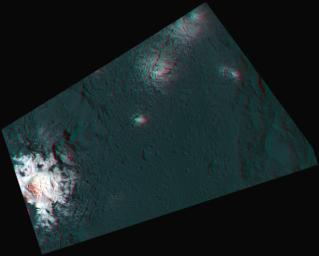 This 3-D image, or anaglyph, shows the center of Occator Crater, the brightest area on dwarf planet Ceres, using data from NASA's Dawn mission. The bright central area, including a dome that is 0.25 miles (400 meters) high, is called Cerealia Facula.