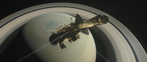 This illustration shows NASA's Cassini above Saturn's northern hemisphere prior to making one of its Grand Finale dives.