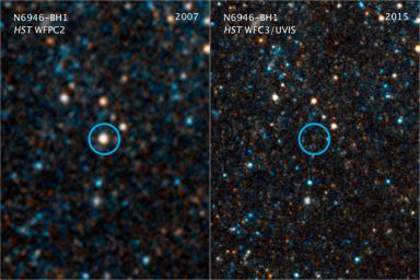 This pair of visible-light and near-infrared photos from NASA's Hubble Space Telescope shows the giant star N6946-BH1 before and after it vanished out of sight by imploding to form a black hole.