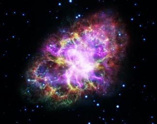 This image of the Crab Nebula combines data from five different telescopes. It is know as the expanding gaseous remnant from a star that self-detonated as a supernova, briefly shining as brightly as 400 million suns.