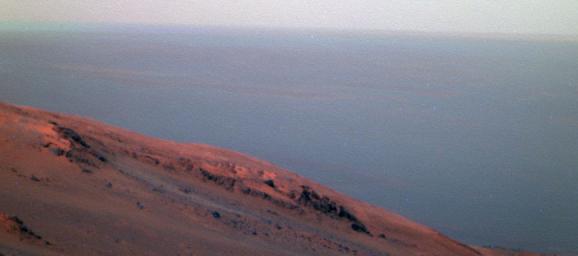 This false-color scene from NASA's Mars Exploration Rover Opportunity documents movement of dust as a regional dust storm approached the rover's location on Feb. 24, 2017.
