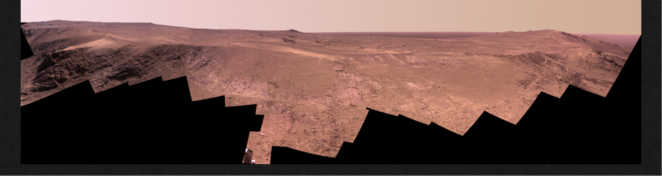 A ridge called 'Rocheport' on the western rim of Mars' Endeavour Crater spans this mosaic of images from the panoramic camera (Pancam) on NASA's Mars Exploration Rover Opportunity.