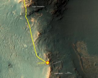 This graphic shows the route that NASA's Mars Exploration Rover Opportunity drove in its final approach to 'Perseverance Valley' on the western rim of Endeavour Crater.