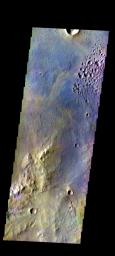 The THEMIS camera contains 5 filters. Data from different filters can be combined in multiple ways to create a false color image. This image from NASA's 2001 Mars Odyssey spacecraft shows part of the plains of Margaritifer Terra.