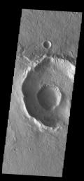 The small crater on the floor of the larger crater is called Gasa Crater. Gullies dissect the rims of both craters, as shown in this image captured by NASA's 2001 Mars Odyssey spacecraft.