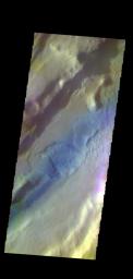 The THEMIS camera contains 5 filters. The data from different filters can be combined in multiple ways to create a false color image. This image from NASA's 2001 Mars Odyssey spacecraft shows a section of Tempe Fossae located in Tempe Terra.