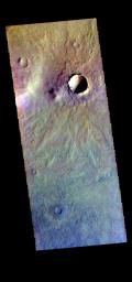 The THEMIS camera contains 5 filters. The data from different filters can be combined in multiple ways to create a false color image. This image from NASA's 2001 Mars Odyssey spacecraft shows several small craters in Aonia Terra.