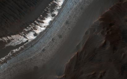 Holden Crater in southern Margaritifer Terra displays a series of finely layered deposits appearing beneath a cap of alluvial fan materials on its floor. This image was captured by NASA's Mars Reconnaissance Orbiter.
