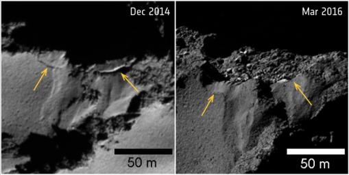Several sites of cliff collapse on comet 67P/Churyumov-Gerasimenko were identified during ESA's Rosetta's mission. The yellow arrows mark the fractures where the detachment occurred.