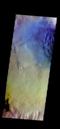 The THEMIS camera contains 5 filters. Data from different filters can be combined in many ways to create a false color image. This image from NASA's 2001 Mars Odyssey spacecraft shows dunes on the floor of an unnamed crater in Noachis Terra.