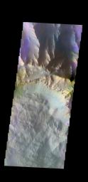 The THEMIS camera contains 5 filters. Data from different filters can be combined in many ways to create a false color image. This image from NASA's 2001 Mars Odyssey spacecraft shows part of Coprates Chasma.