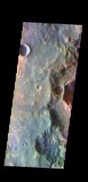 The THEMIS camera contains 5 filters. Data from different filters can be combined in many ways to create a false color image. This image from NASA's 2001 Mars Odyssey spacecraft shows part of the plains of Terra Cimmeria.